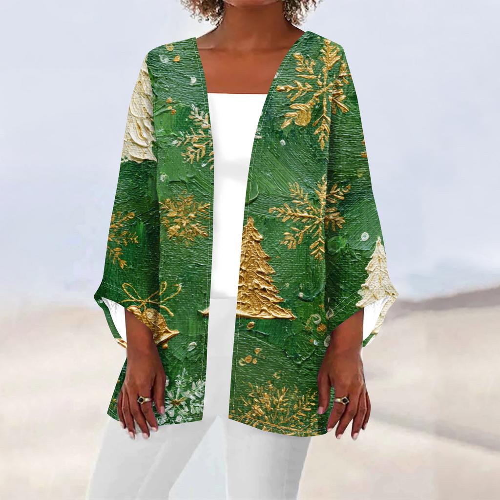 Women's Casual And Fashionable Christmas Printed Lightweight Mid Length Jacket Cardigan