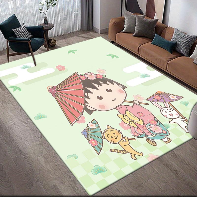 Chibi Maruko‑chan2 Flannel Pattern Square Carpet,Area Rug,Carpet Rug for Living Room Bedroom Sofa Playroom Decor,Non-slip Floor Mat