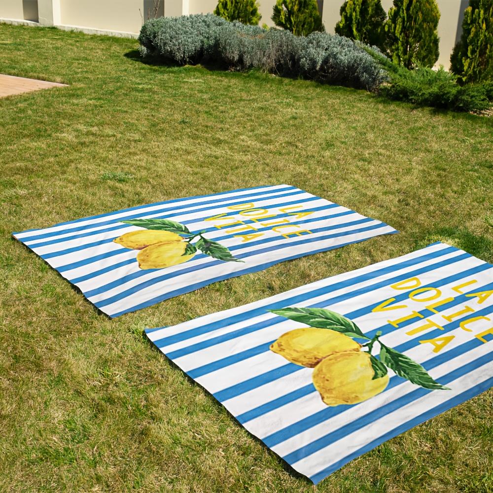 1pc Jumbo Extra-Thick Beach Towel, Blue White Lemon, Ideal for Beach Travel Picnic Camping Bathroom Hot Springs Swimming