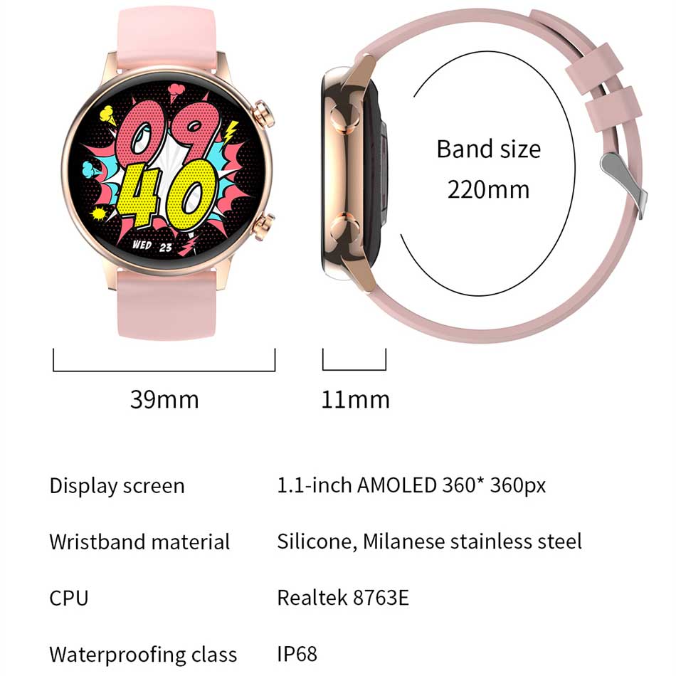 Smart Talk Watch Damen AMOLED Display NFC Steuerung Mass Dail Bluetooth Anruf Smartwatch Herzfrequenz Blutdruck Frauengesundheit