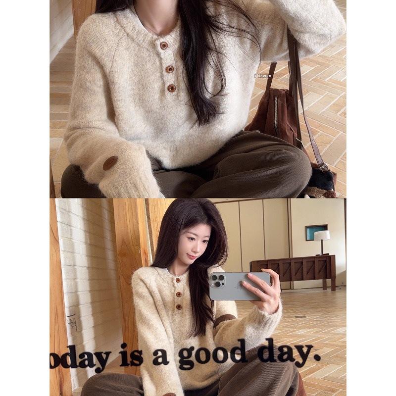 Stylish Gray Oatmeal Soft Knit Long Sleeve Casual Sweater