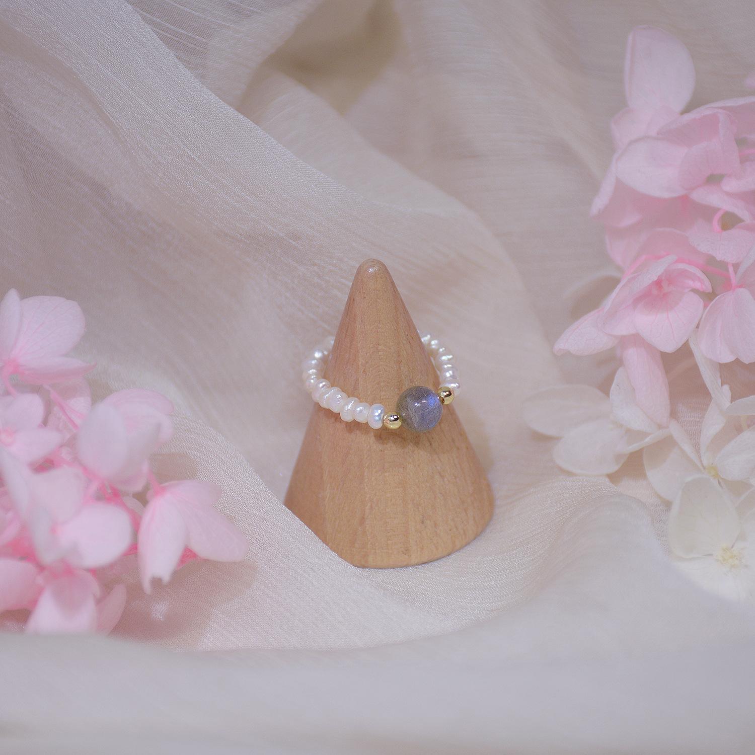 Natural freshwater pearl moonstone exquisite stacking light luxury ring temperament ring strawberry crystal peach blossom