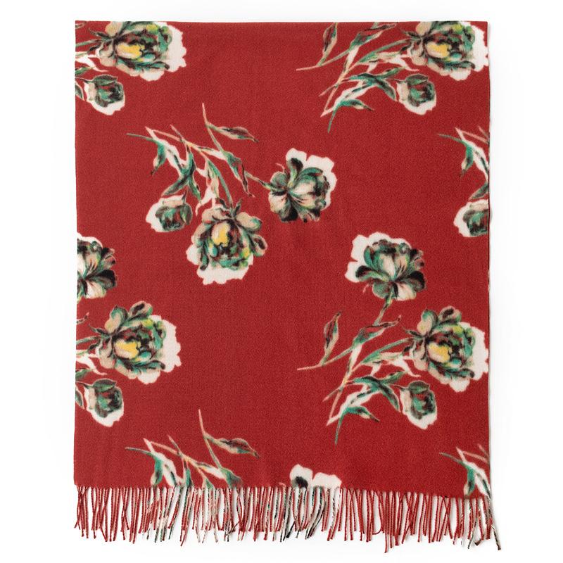 Autumn and Winter Women's Encore Red Imitation Cashmere Scarf Warm Shawl Elegant Burgundy Printed Scarf Shawl Dual Use