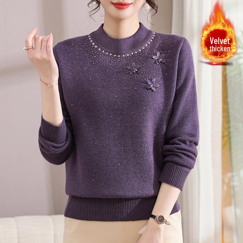 Mom's Winter Knit Sweater with Velvet Lining, Perfect for Middle-Aged & Elderly Women, Cozy 60+ Base Layer Top