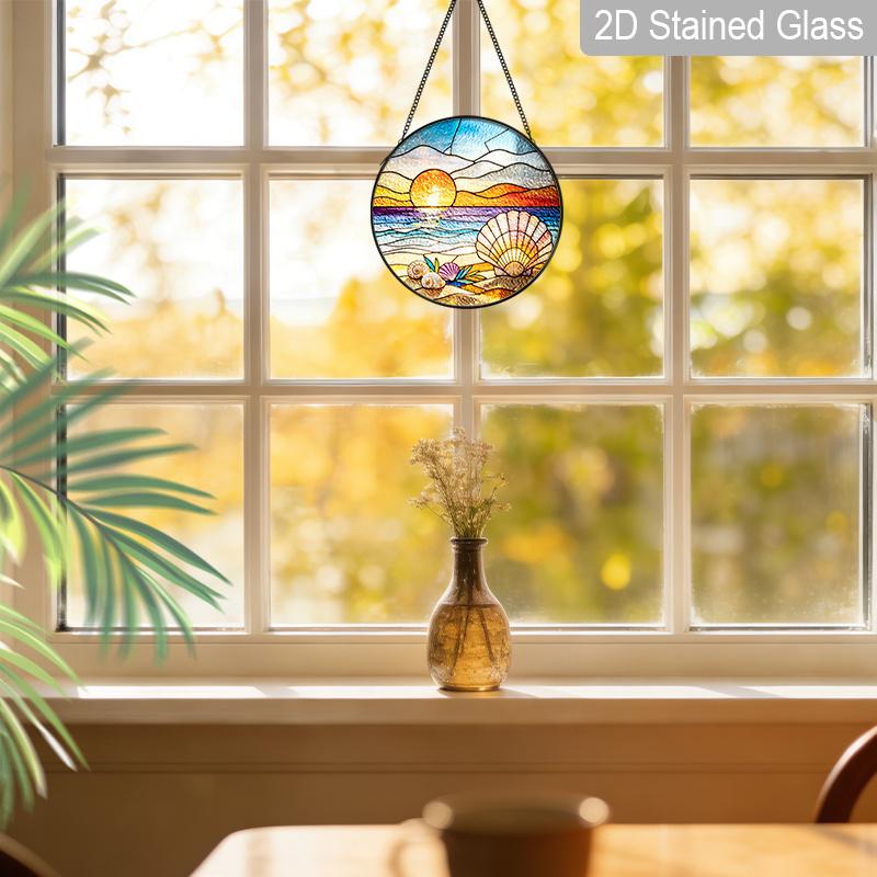 2D Flat Stained Glass Beach Shells Window Decoration Colored Glass Plate, 7.87inches Ocean Theme Hanging Sun Catcher with Chain, Summer Home
