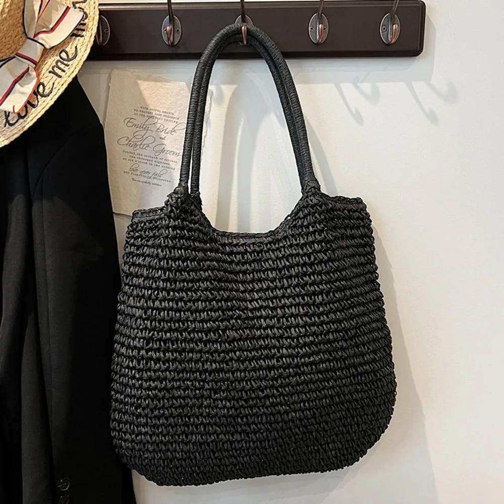 Women Straw Tote Handbag Large Capacity Vintage Shoulder Bag Solid Color Crochet Beach Handbag Ladies Summer Daily Bag