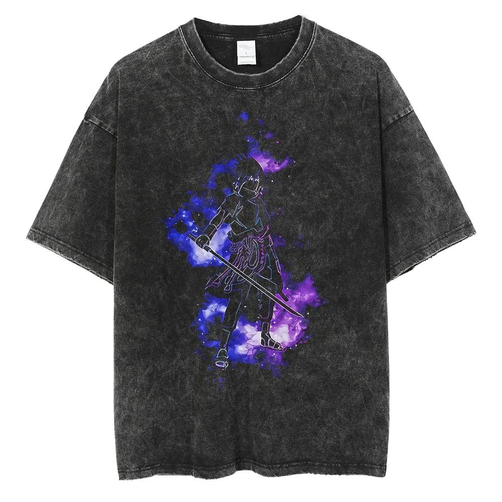 Men Streetwear Tshirt Japanese Anime Naruto Graphic TShirt Cotton Harajuku Washed T Shirt Summer Hip Hop Tops Tees Black