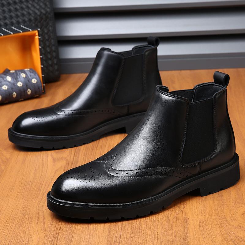 British Chelsea Short Boots Men's Gloves Martin Boots Fleece Versatile Brock Carved Business High Top Leather Boots
