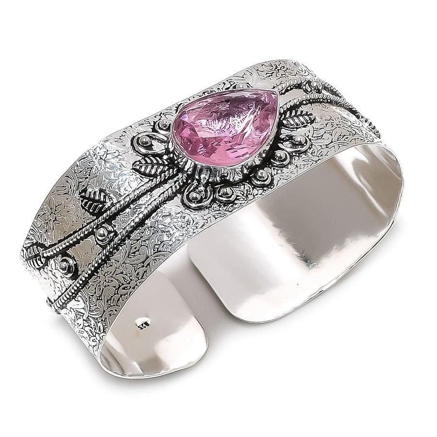 Natural Pink Kunzite Gemstone 925 Sterling Silver Cuff Bangle Adjustable AC-1432