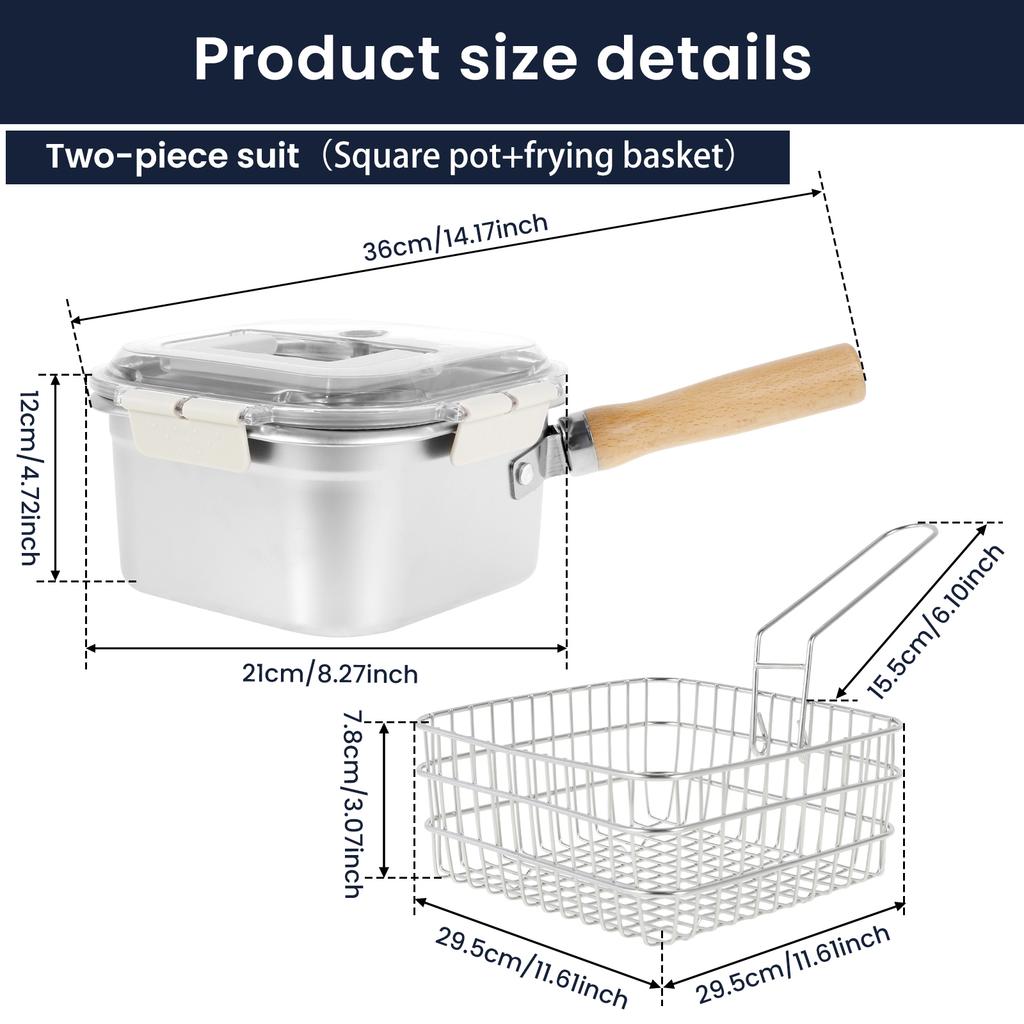 Deep Fryer Pot Stainless Steel Frying Pan with Basket and Lid Portable Square Deep Frying Pots Food Grade Cooking Tools Kitchen
