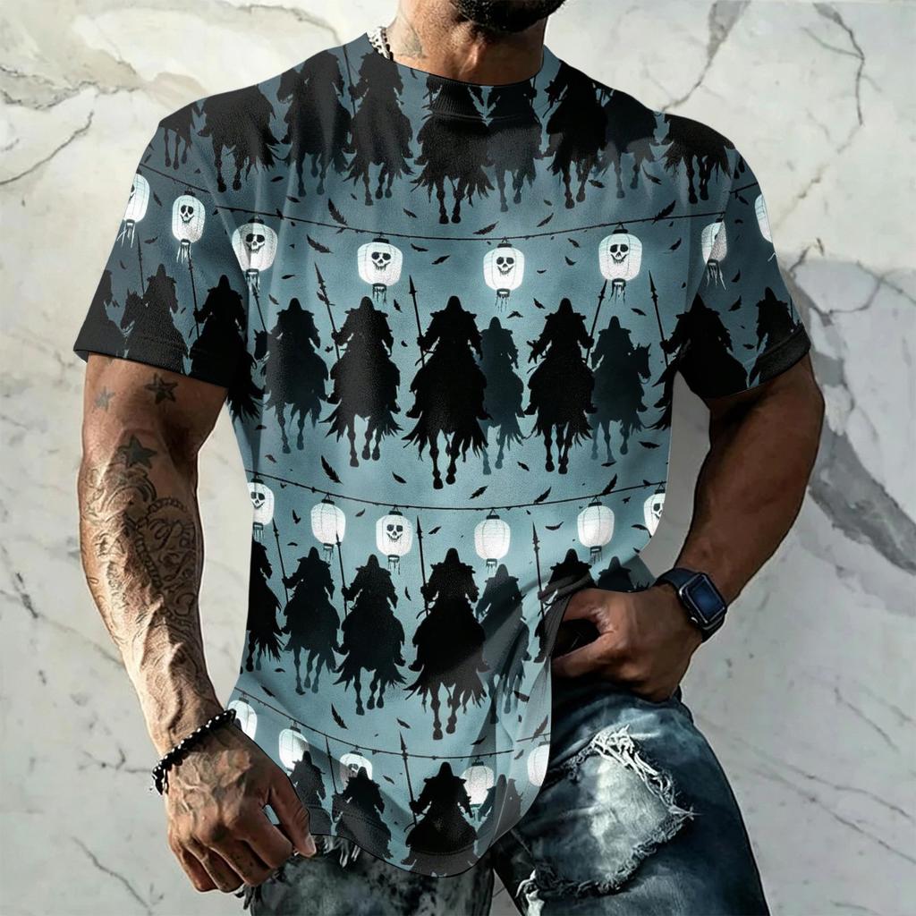 Men's Short Sleeve T-Shirt with Halloween Print Retro Texture Loose Fit Summer Streetwear Casual Top