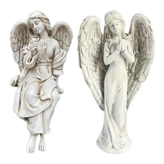 Yousheng Retro Winged Angel Statue, Resin Praying Angel Figurine, Elegant Sitting Angel Sculpture for Outdoor Indoor Garden