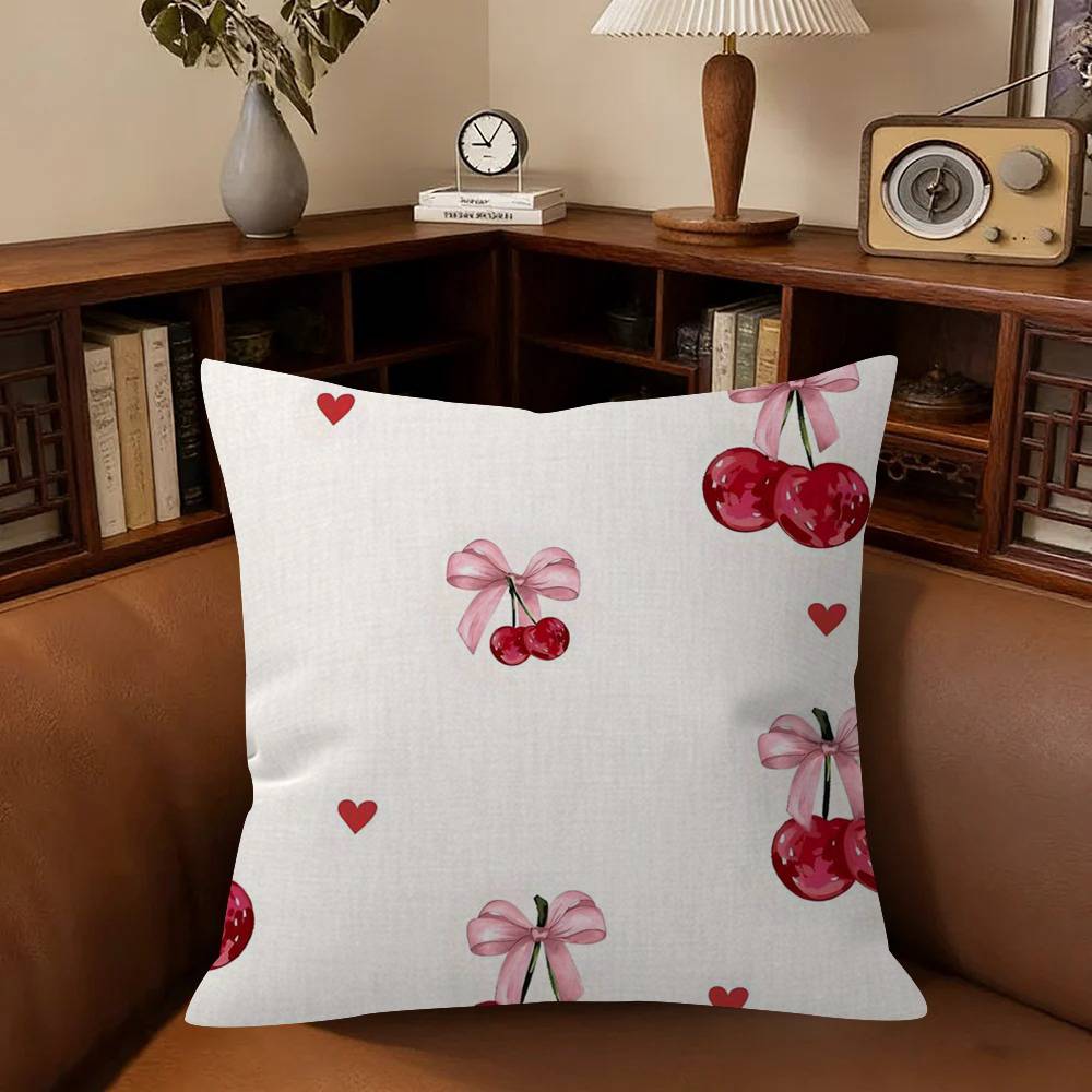 Art Pink Bow Cherry Lovely Kawaii Cushion Cover Inches Farmhouse Decor Home Throw Pillow Covers For Couch Decorations