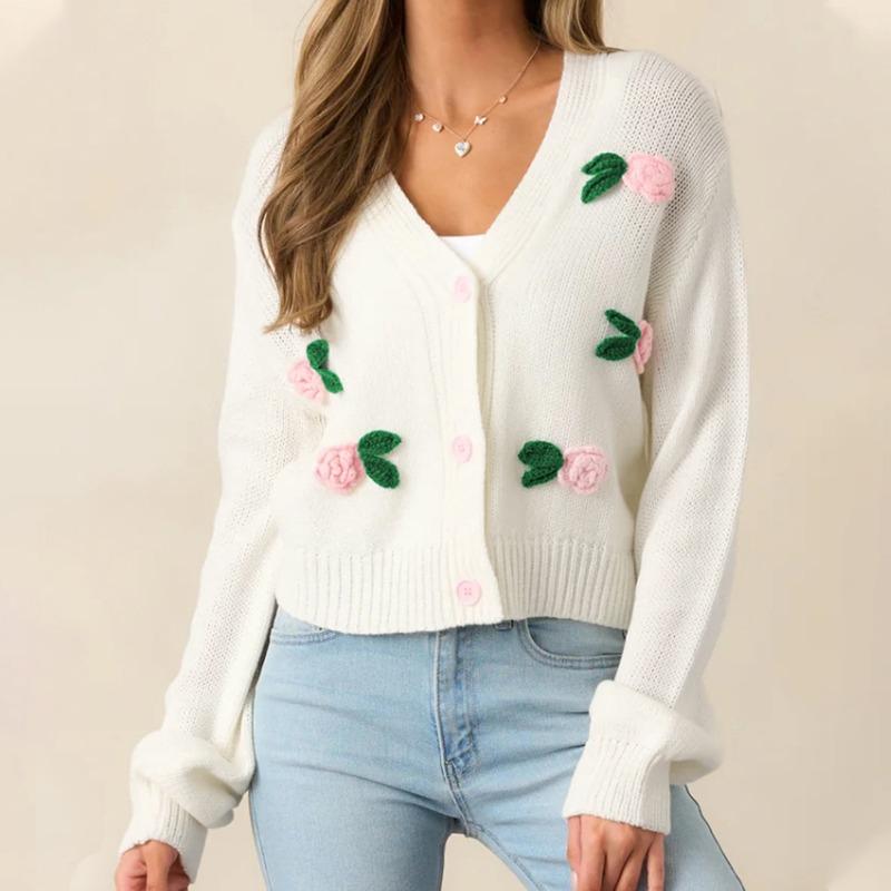 

Трехмерный Цветок Женский Кардиган Свитер 2025 Осень и Зима Новый Элегантный Пуговичный Вязаный Свитер с Длинным Рукавом S белый