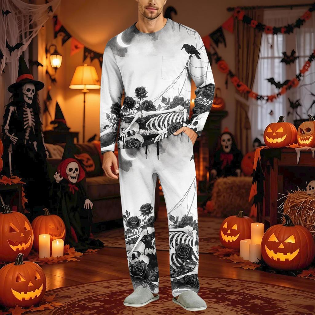 Men's Halloween Pajama Set Long Sleeve Long Pants with Crotch Buttons and Elastic Drawstring Waist