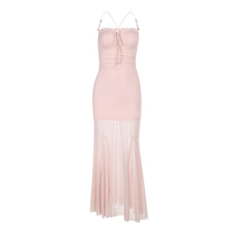 French Pure Desire Spice Girl Temperament Waist Suspender Dress Slim and Thin Design Pink Fishtail Hip Skirt