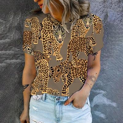 Dames T-shirt Zomer Mode T-shirt Populair Bloemen Luipaard Print T-shirt Oversized Vrijetijds T-shirt Rond Hals T-shirt