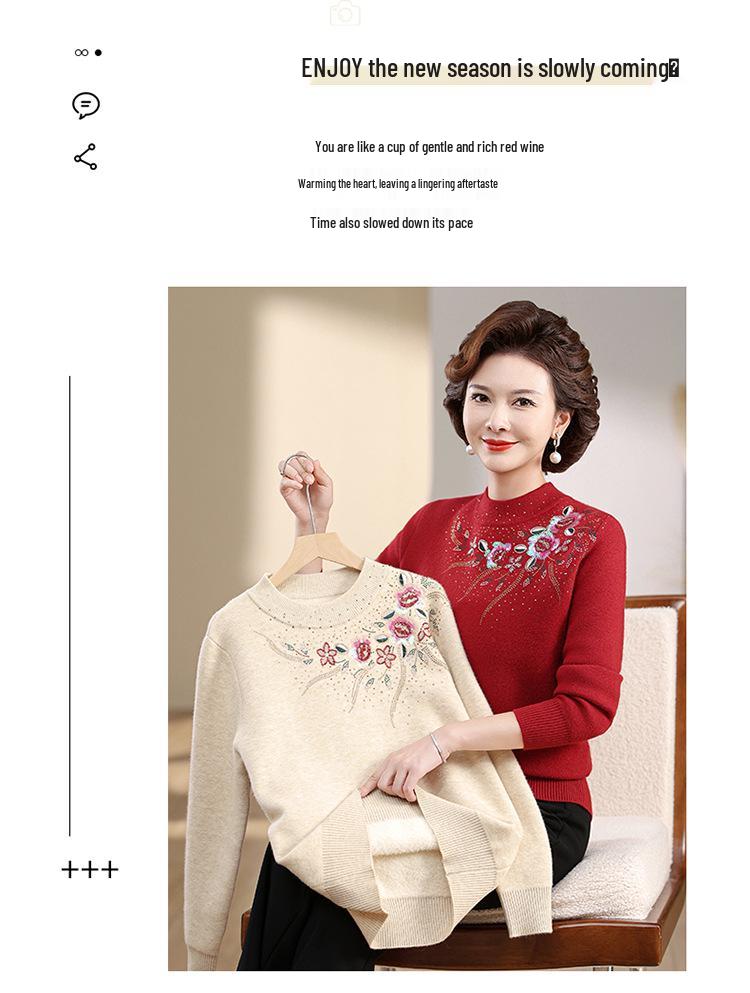 Mom's Velvet One-Piece Sweater for Women - Warm Embroidered Top for Middle-Aged & Elderly Women, Plus Velvet & Thickened for Autumn/Winter.