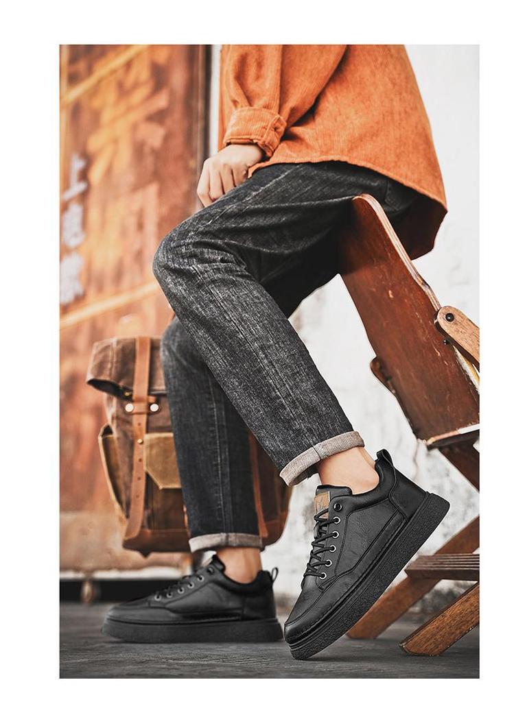 Men's Spring High-Top Waterproof Non-Slip Breathable Black Leather Casual Chef Shoes
