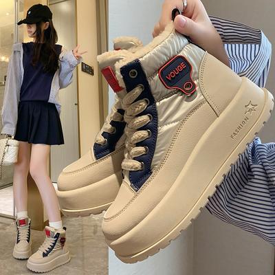 Botas de neve plataforma grossas de inverno para mulheres, botas curtas forradas com pele sintética, tênis de caminhada com cadarço, sapatos femininos de couro PU, botas de tornozelo quentes antiderrapantes