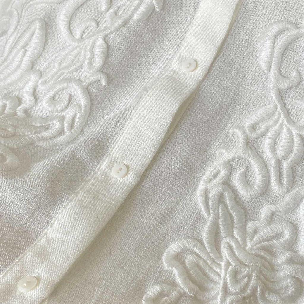 Heavy Industry Embroidered Loose Casual Shirt White Lazy Style Mid-length Top