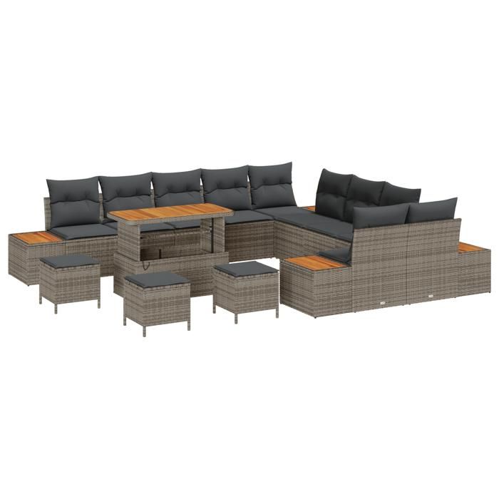 Ensemble de canapé de jardin vidaXL 14 pièces avec coussins Gris Poly Rattan Acacia, Ensemble de salle à manger de jardin 3362983
