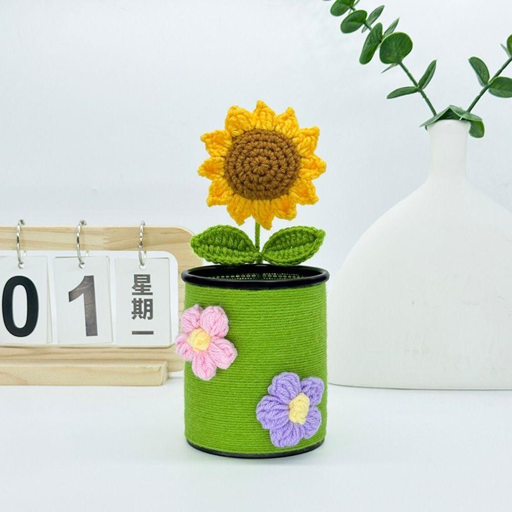 Handmade Crochet Sunflower Pen Holder Cute Desk Pencil Holder Office School Supplies
