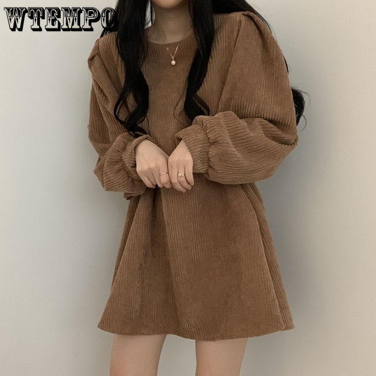 Women Temperament Pure Desire Wind Solid Color Lantern Sleeve A Line Dress Retro Design Sense Niche Long Sleeve Belt Corduroy Dresses