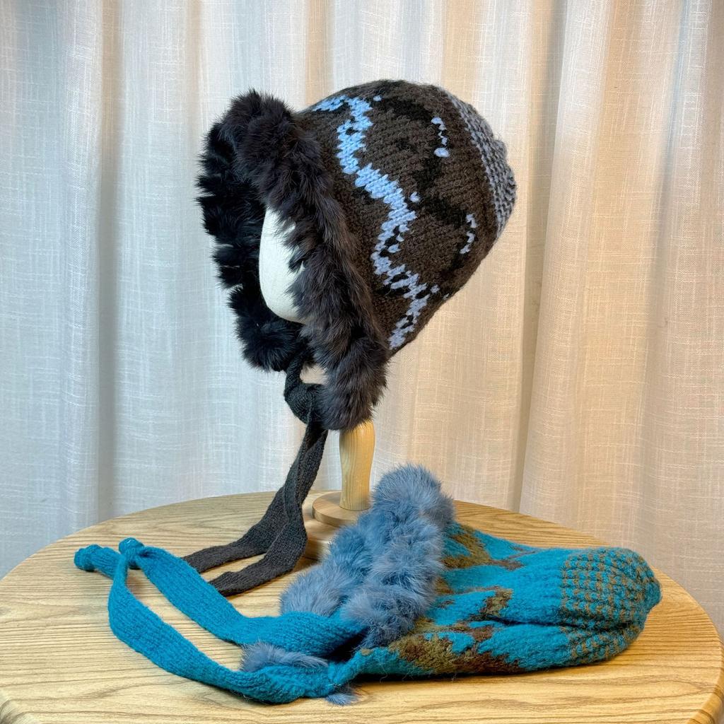 New Style Real Rabbit Fur Hat for Women Winter Thickened Warm Wool Hat Ethnic Style Plush Cold Proof Ear Protection Lei Feng Hat