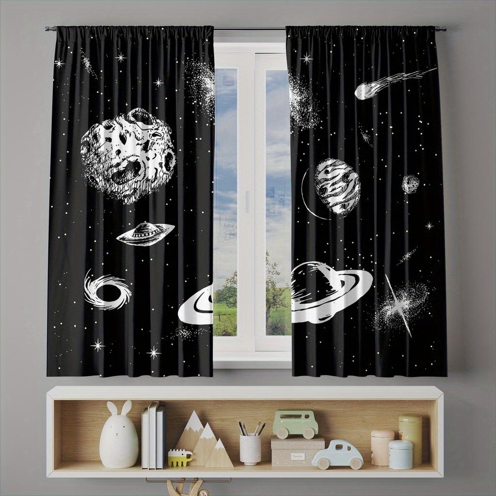 2pc Cosmic black and white planet star pattern curtains   polyester fabric machine washable   suitable for bedroom and living room