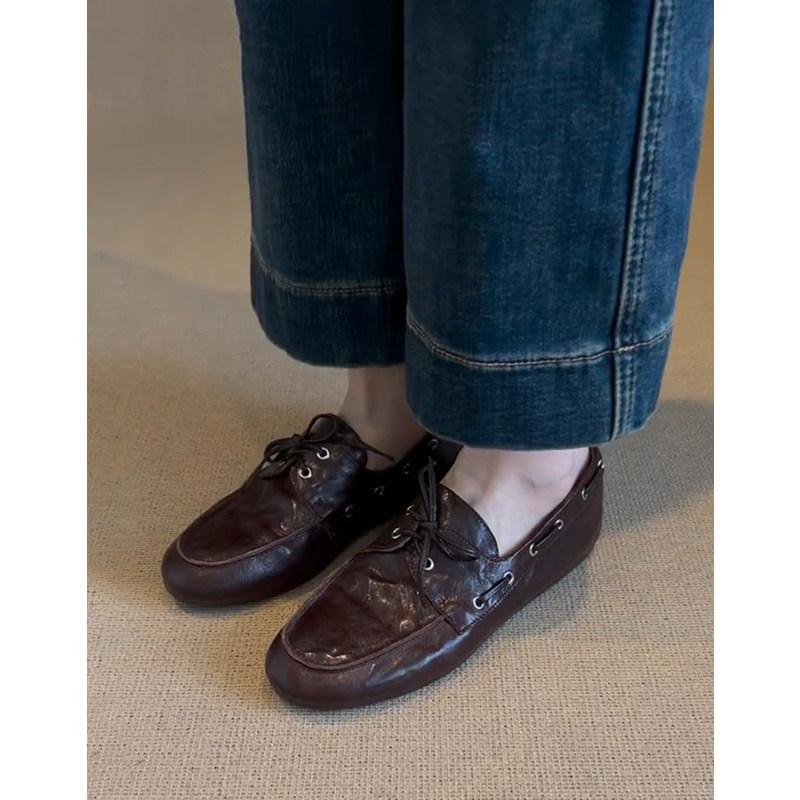 Washed soft cowhide British retro round head small leather shoes women's simple commuting leather flat single shoes loafers