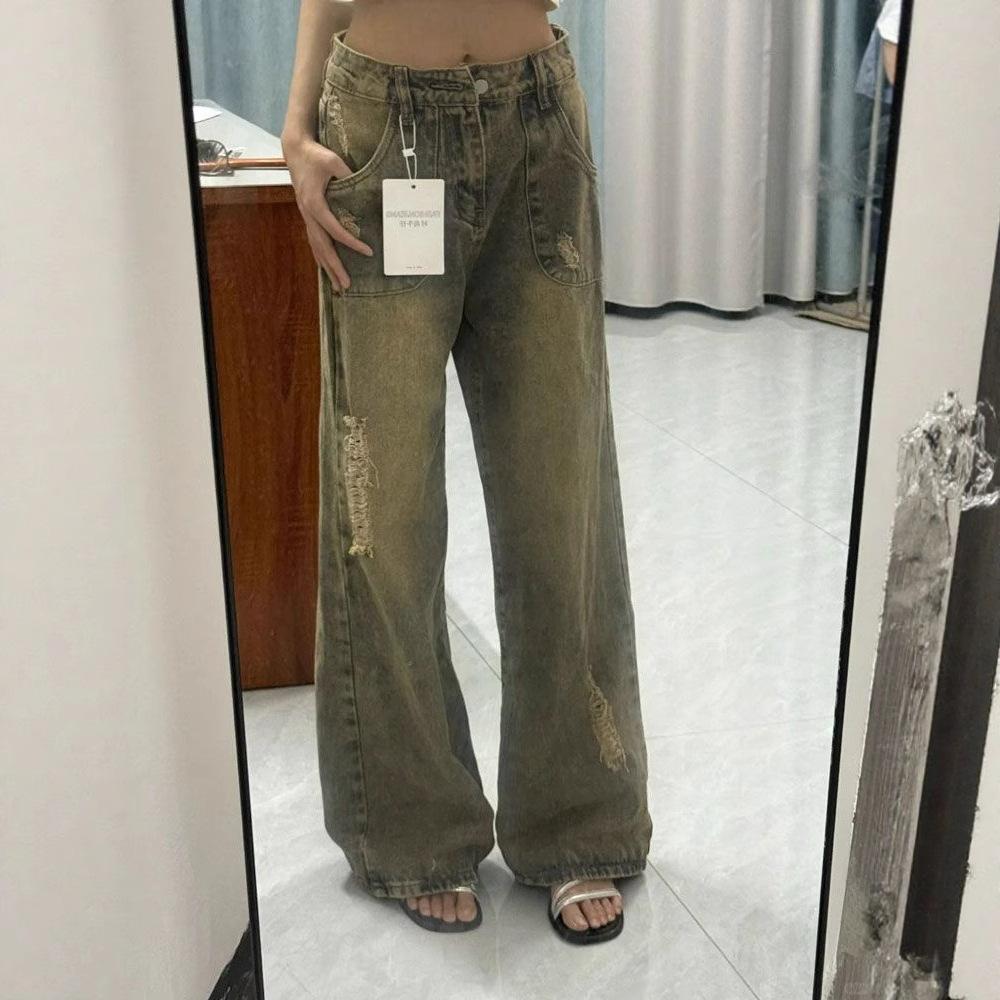 Niche Design Sense Washed Broken Holes Jeans Women Blue Large Size Straight Loose Trailing Floor Wide Leg Trousers Jeans for Women Long Denim Pants