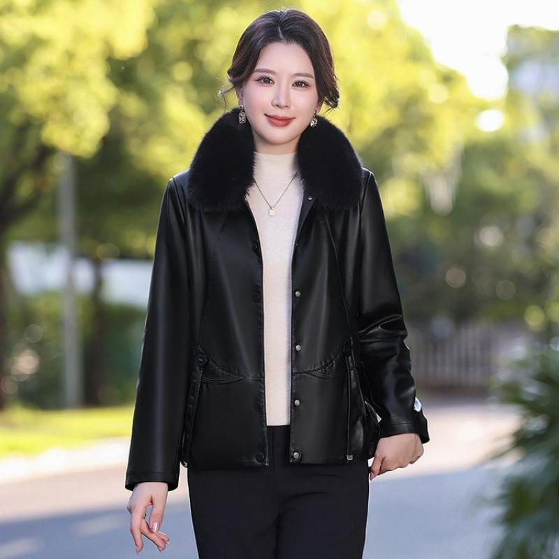 

Флисовая кожаная куртка женская короткая куртка для тепла, новая осенне-зимняя хлопковая одежда, кожаная хлопковая куртка женская 3XL [Recommended 125-67.5 kg]