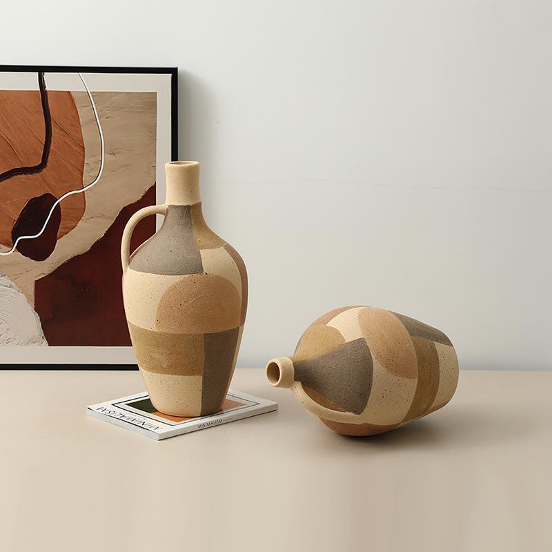 Ceramic Vase Checkered Color-blocked Geometric Handle Pot Ceramic Bottle Flower Vase Home Decoration Accessories