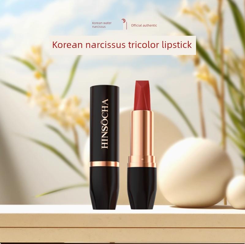 Korean Narcissus Three-Color Lipstick Tiktok Hot-Selling Long-Lasting Moisturizing Lip Balm Non-Stick Matte Waterproof Genuine Product