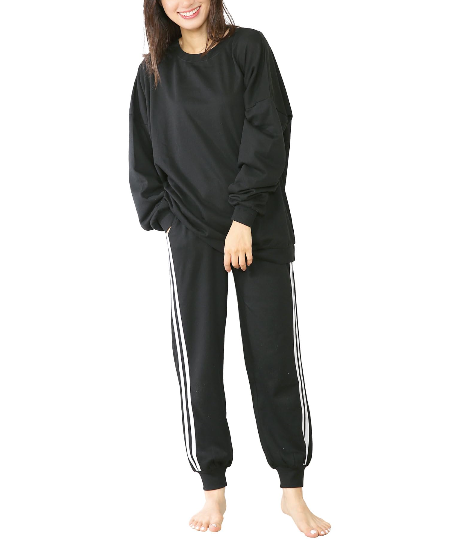 

ON NISHIKI Sweatshirt Long Mini Fleece Long Loungewear Women s Set, Sleeve, 35% Cotton, Lining, Spring/Autumn Pajamas, Pants, (Black/M/77321)