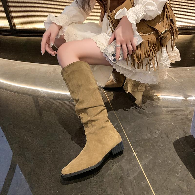 New Style Women Knee High Boots Autumn Winter Female Shoes Female Slip-on Folds Low Heel Round Toe Flat Long Boots Boots