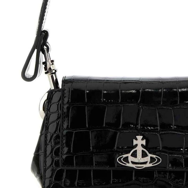VIVIENNE WESTWOOD Silver Metal Accessories Crocodile Pattern Embossed Leather Shoulder Bag Women Shoulder Bag Black 46030001WL0098N401