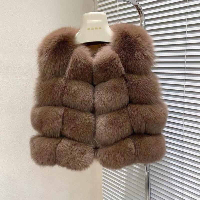 Vestă clasică cu patru pini din blană sintetică de vulpe scurtă, simplă, versatilă, stil străin, haină de damă la modă, versatilă