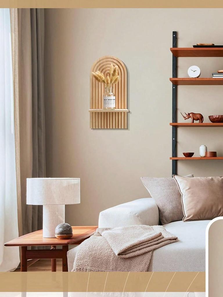 1/2pcs Wooden Wall-Mounted Decor Shelf, Bohemian Wall-Mounted Bookshelf, Boho Style Display Rack, Candle Holder For Living Room