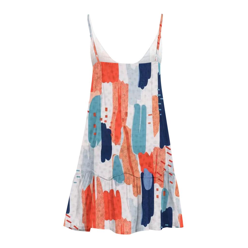 Plus Size Women's Halter Dress Adjustable Buckle V-Neck Big Swing Sleeveless Printed Dresses