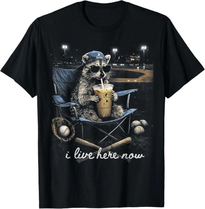 Funny Raccoon Baseball Iced Coffee Lover I Live Here Now T-Shirt 2XL