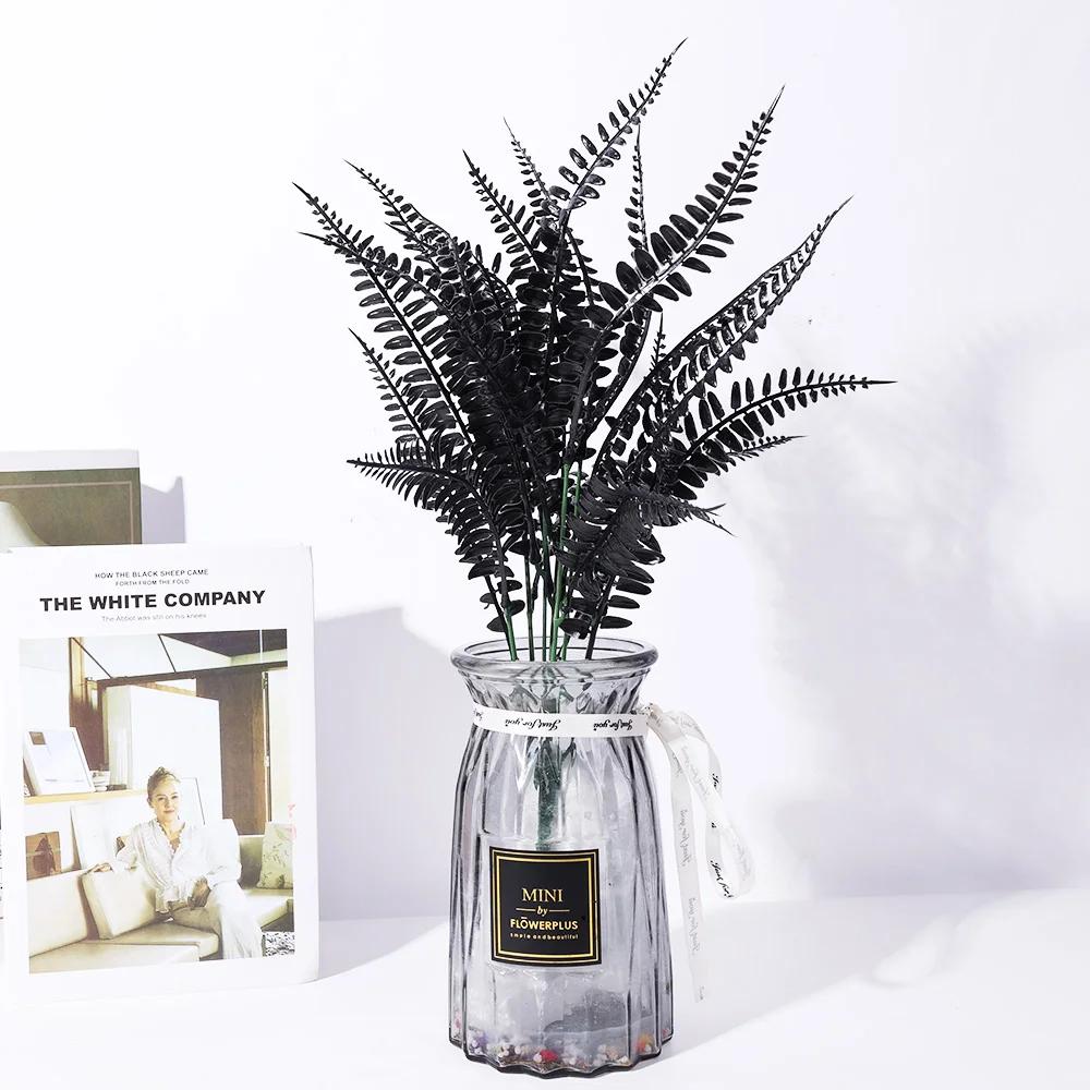 7 Branches Artificial Black Eucalyptus Leaves Plastic Plants Persian Fern Halloween Fake Flower Bouquet Home Office Decoration
