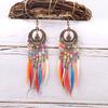 Boho Women Hollow Carved Circle Feather Tassel Dangle Hook Earrings Jewelry