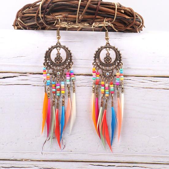 Boho Women Hollow Carved Circle Feather Tassel Dangle Hook Earrings Jewelry