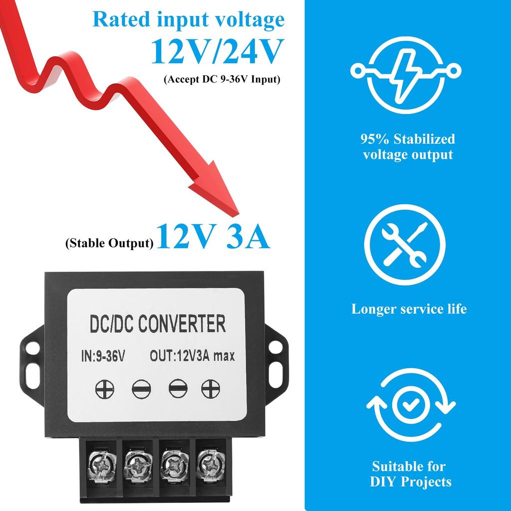 Mzhou 36W Wide Input DC To 3A with Mounting Driver for LED and CCTV Systems Converter, 9-36V 12V, - (Overload Protection) Trucks/RVs, Lighting,