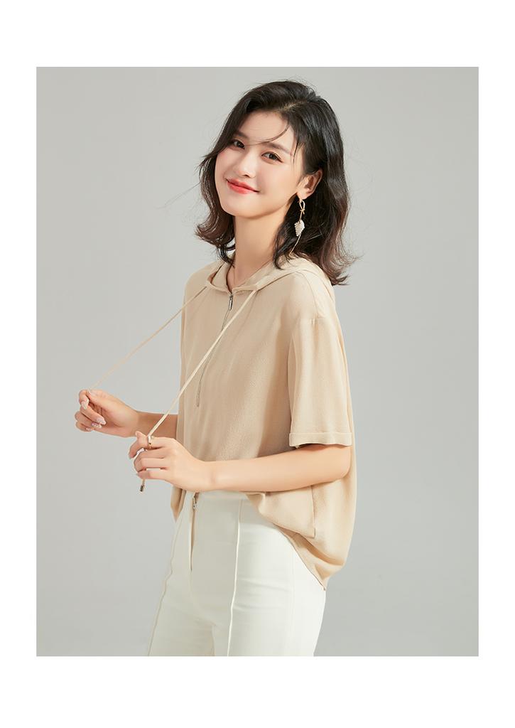 100% Silk Ghost Crepe Short Sleeve Summer Fashion Hooded Collar Half Open Solid Color Mulberry Silk T-shirt for Women