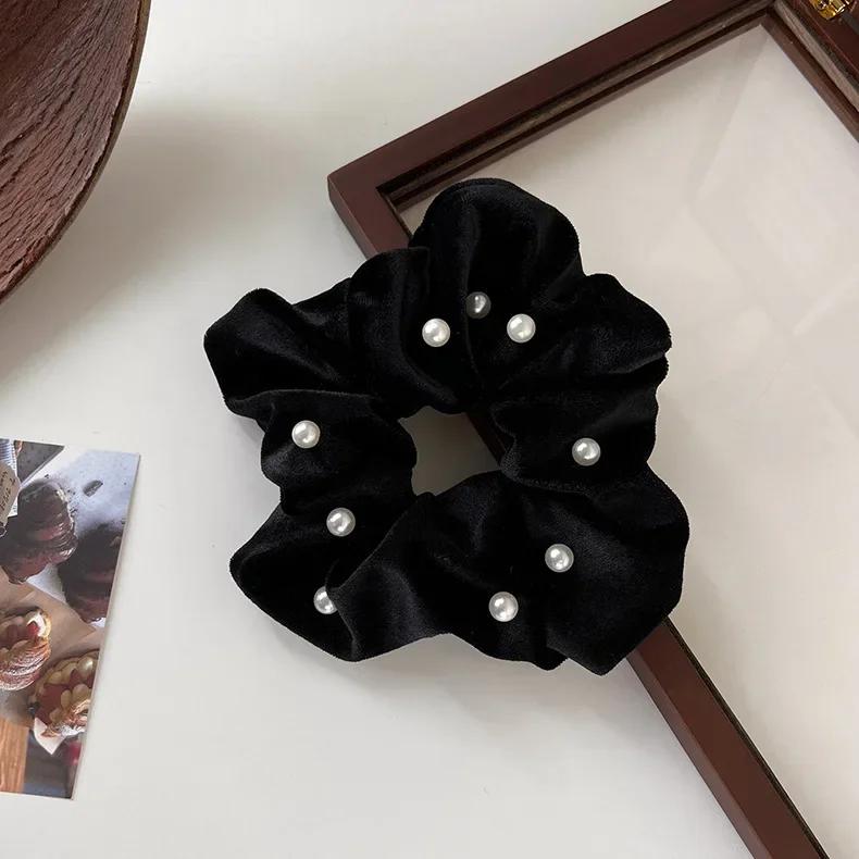Retro Black Velvet Pearl Rope Hair Headband Flowers Hairband For Woman Temperament Hair Ties Rubber Band Female Hair Accessories