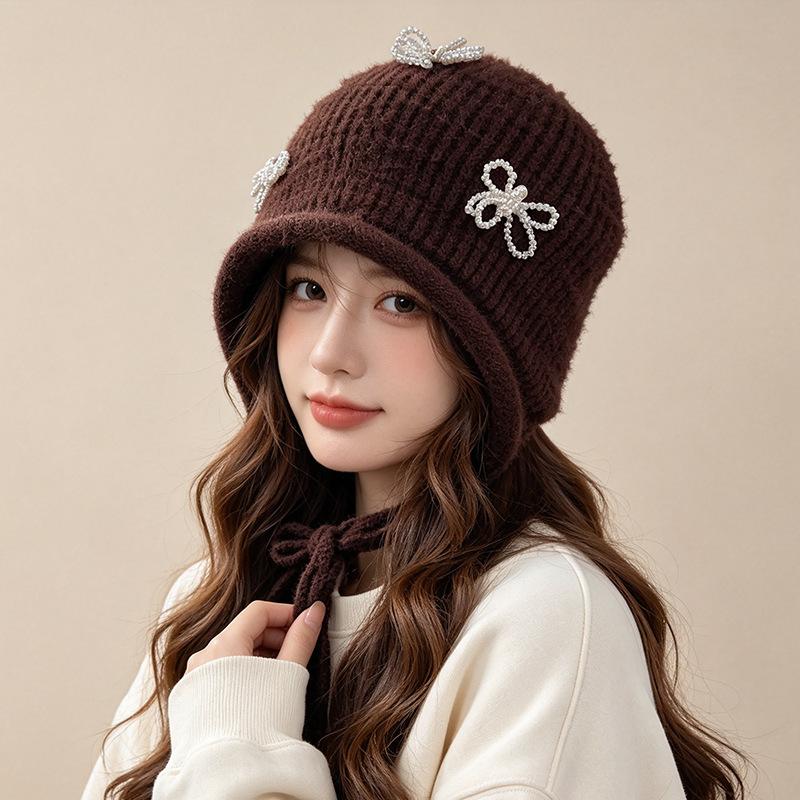 Source Spot Pearl Bow Acrylic Knitted Ear Cap Women's Autumn and Winter Daily Versatile Warm Wool Cap