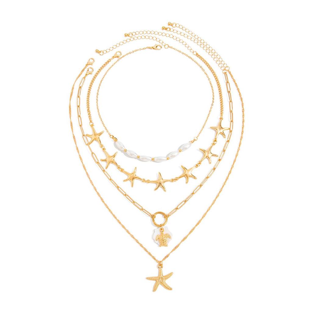 Bohemian Starfish & Turtle Pendant Pearl Layered Necklace